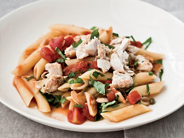 Penne rigate with spicy braised swordfish