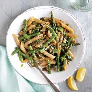 Penne with asparagus, pistachios, and mint