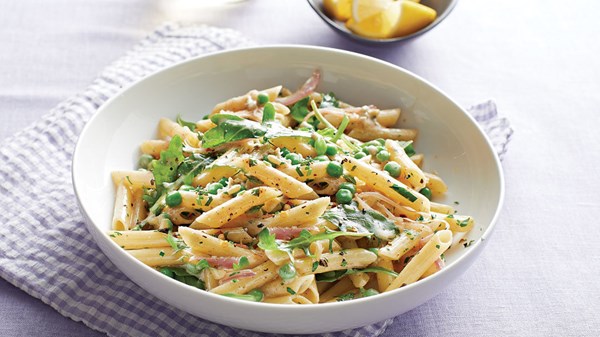 Penne with brown butter, Gorgonzola, and sweet peas
