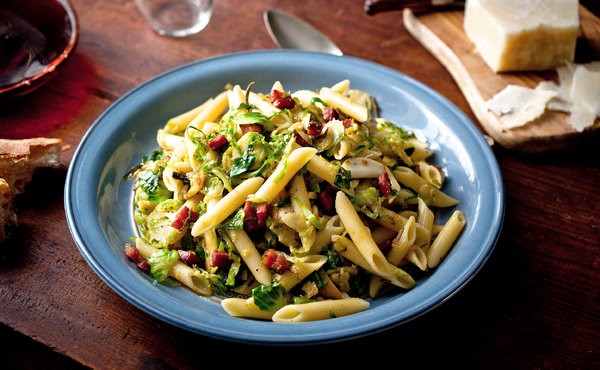 Penne with Brussels sprouts, chile and pancetta