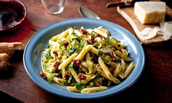 Penne with Brussels sprouts, chile and pancetta