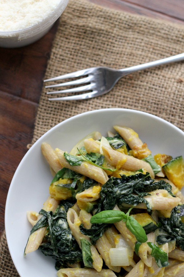 Penne with butternut squash, kale, and goat cheese