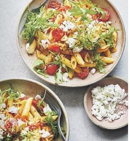 Penne with buttery vine tomatoes, rocket & feta