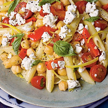Penne with chickpeas, feta, and tomatoes