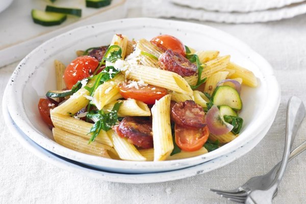 Penne with chorizo, rocket & cherry tomatoes