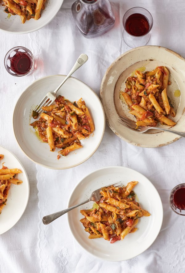 Penne with cime di zucca and datterini tomatoes
