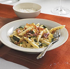 Penne with crisp prosciutto, zucchini, and corn