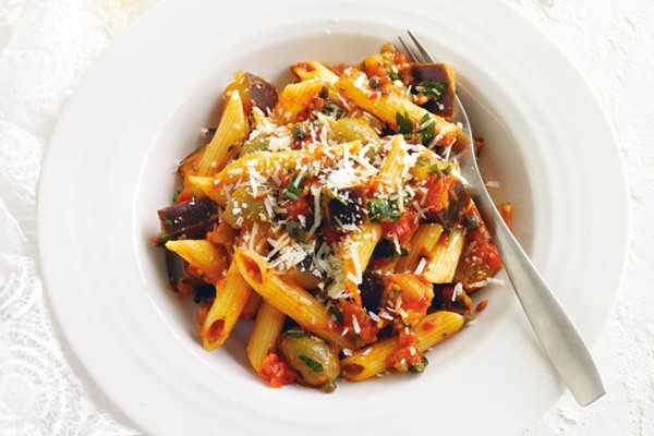 Penne with eggplant caponata
