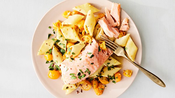 Penne with garlicky tomatoes and salmon