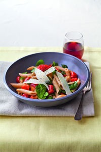 Penne with grape tomatoes, spinach, and toasted garlic