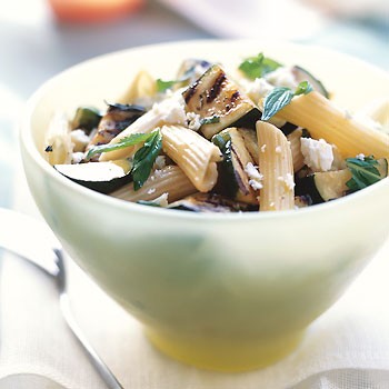 Penne with grilled zucchini, ricotta salata, and mint