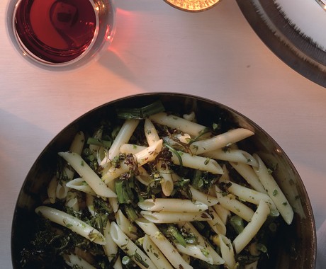 Penne with hazelnut gremolata and roasted broccolini