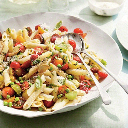 Penne with herbs, tomatoes, and peas