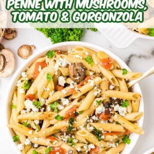 Penne with mushrooms, tomato and Gorgonzola cheese