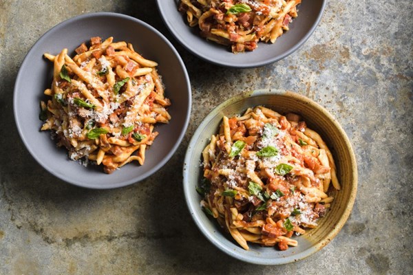 Penne with pancetta, provolone and salami
