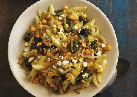 Penne with poblano chiles, corn, and cilantro cream