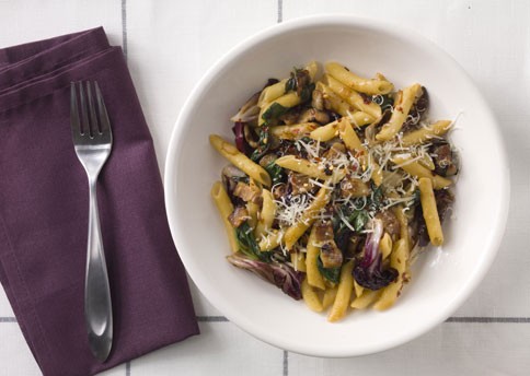 Penne with radicchio, spinach, and bacon