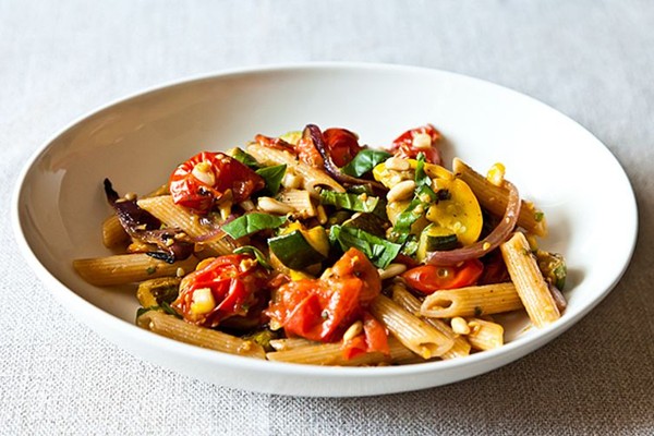 Penne with summer squash, corn, and herbs