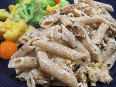 Penne with tempeh, caramelized shallots, and goat cheese