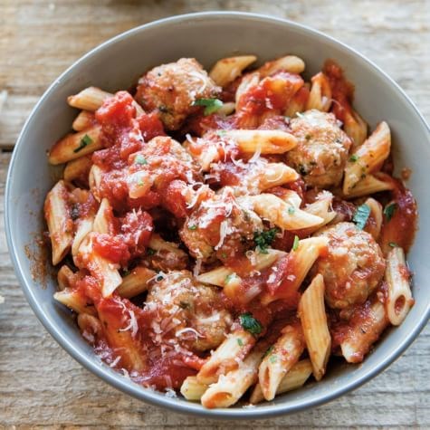 Pennette with mini turkey-prosciutto meatballs