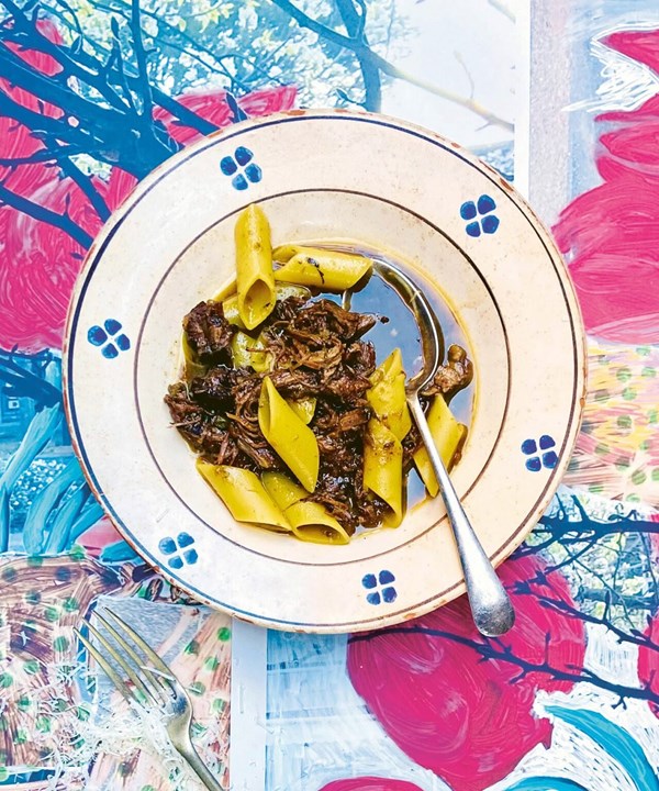 Pennoni lisci with broken beef brisket