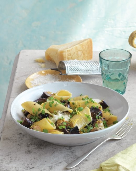 Pennoni with grilled eggplant, mint, and burrata