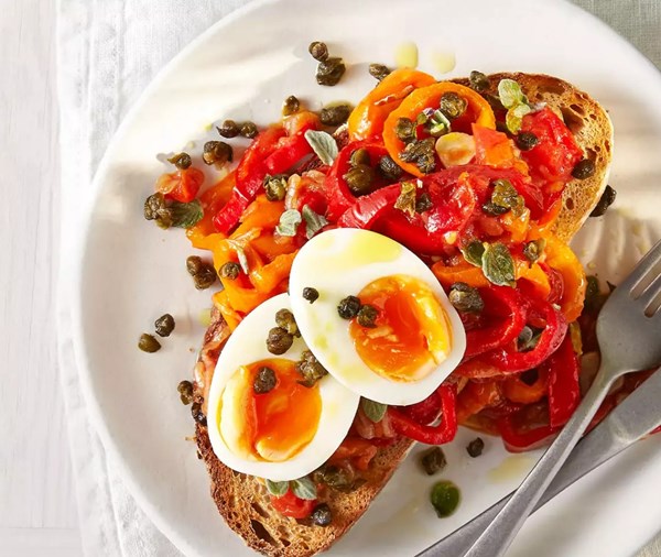 Peperonata toast with jammy eggs & capers