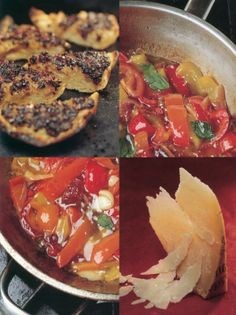 Peperonata with olive-grilled ciabatta, basil and Parmesan shavings