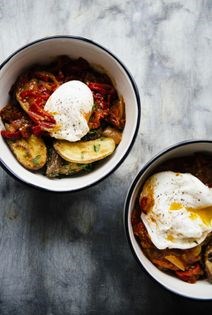 Peperonata with poached eggs and paprika potatoes