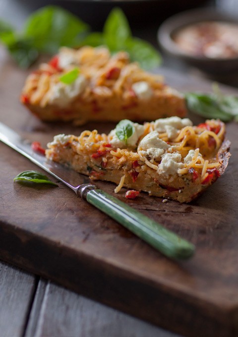 Peperonata with spaghettini frittata with harissa cream