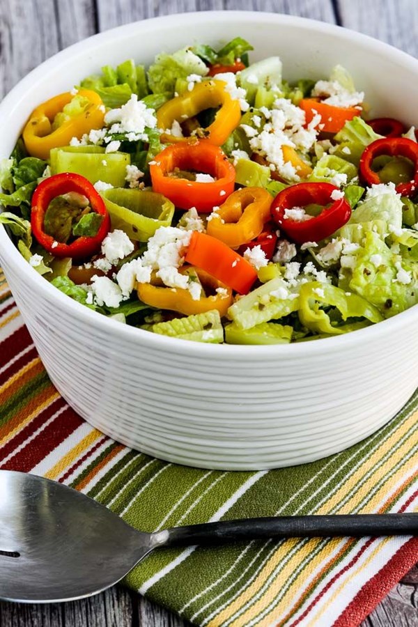 Peperoncini salad with romaine, peppers, and feta