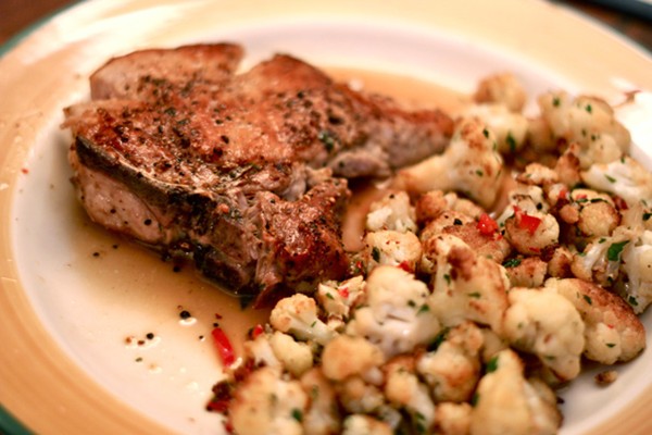 Peppadewed pork chops with cauliflower