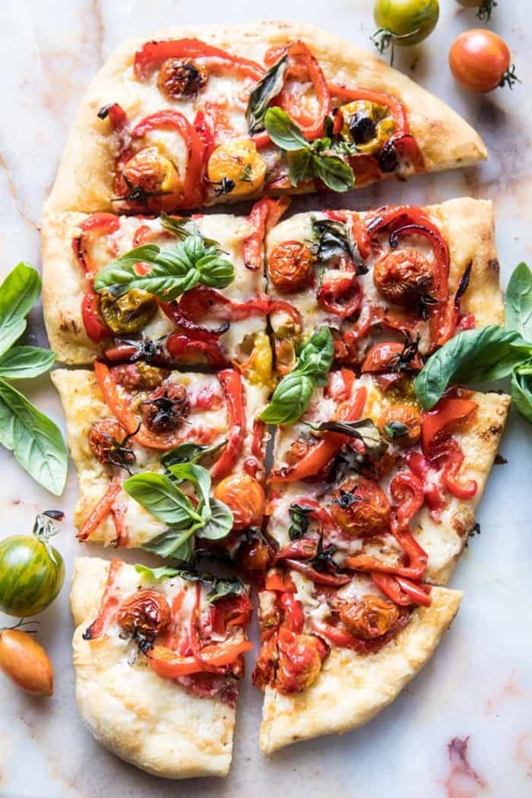 Pepper and cherry tomato white pizza