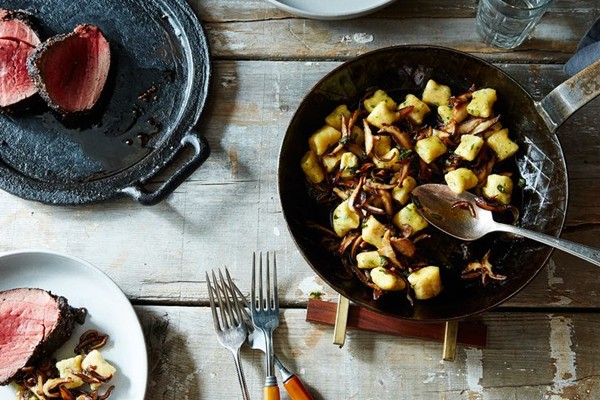 Pepper-crusted filets with ricotta gnocchi, shiitakes & brown butter-sage sauce