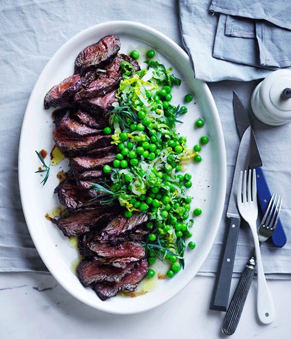 Pepper hanger steak with peas and lettuce