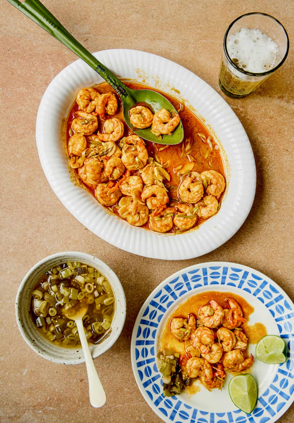Pepper prawns with pickled spring onions