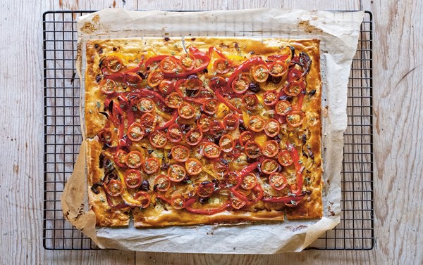 Pepper, tomato + olive galette