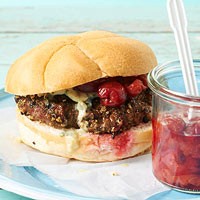 Peppercorn-blue cheese burgers with tango cherry compote
