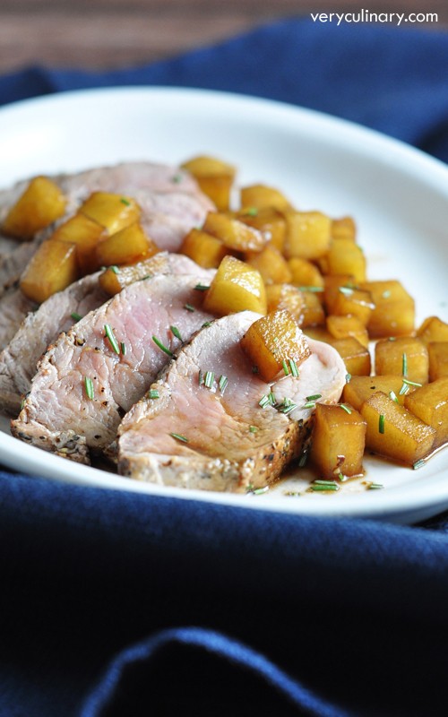 Peppercorn pork with balsamic honey apples