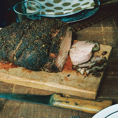 Peppercorn roasted pork with vermouth pan sauce
