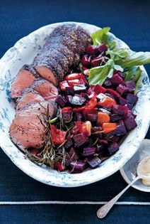 Peppered beef fillet with beetroot salad