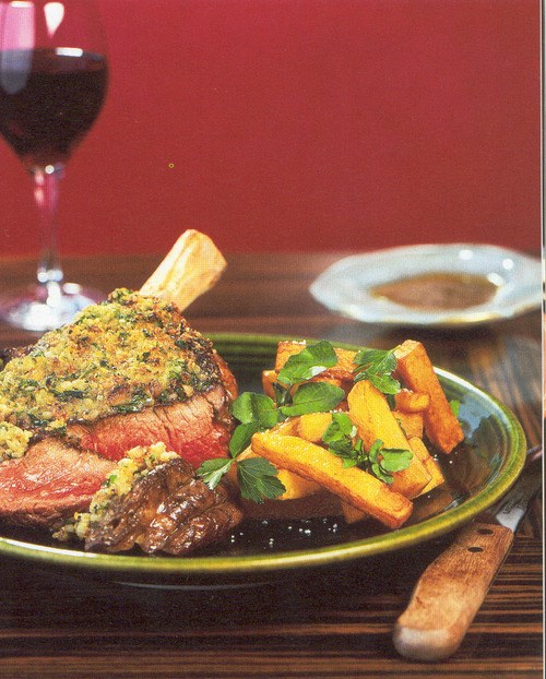 Peppered Côte de boeuf with pommes Pont Neuf and watercress salad