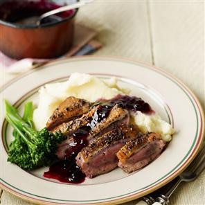 Peppered duck and blackcurrant sauce