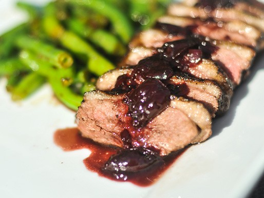 Peppered duck breasts with cherry-Port sauce