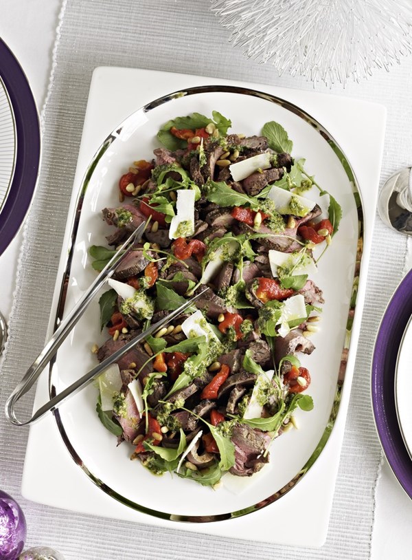 Peppered eye fillet with pecorino and herb dressing