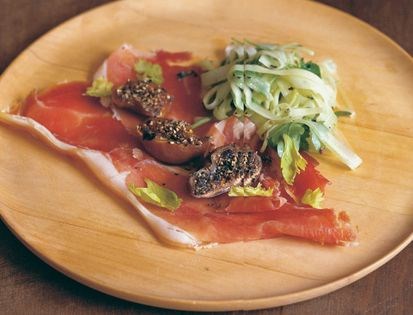 Peppered figs, air-dried ham and celery