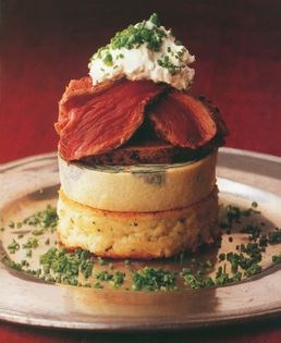 Peppered kangaroo fillet with nori omelette, wasabi potato pikelet and horseradish cream