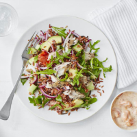 Peppered mackerel and red rice salad