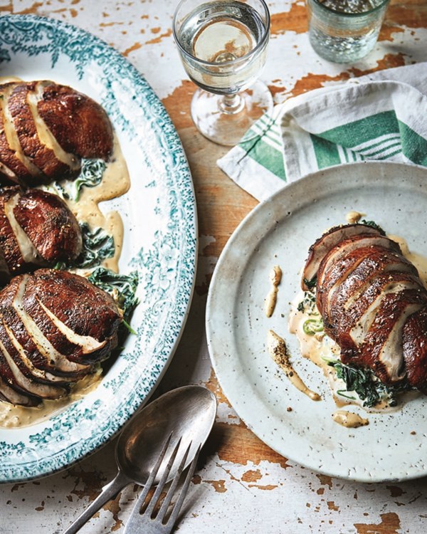 Peppered mushroom steaks with buttered spinach 