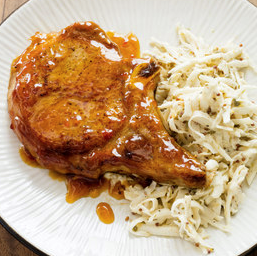 Peppered pork chops with celery root salad